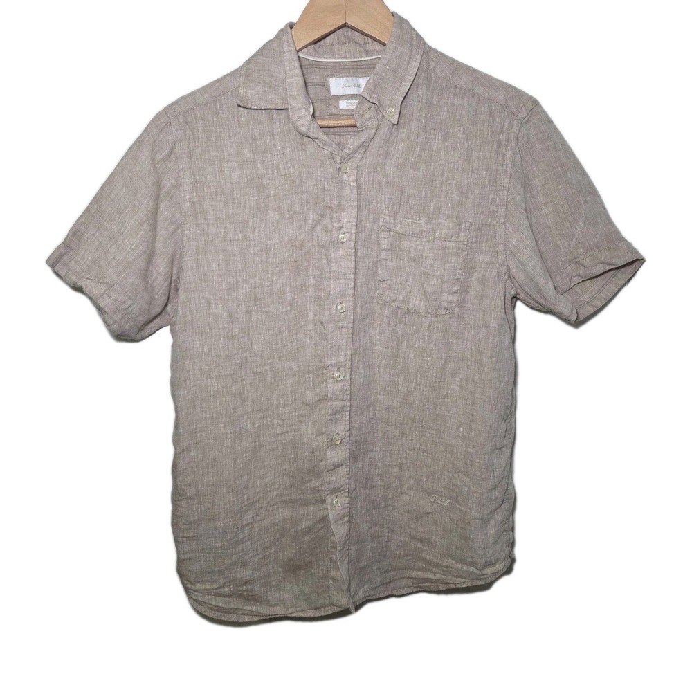 Porter & Ash Mens 100% Linen Button Front Shirt Beige Short Sleeve Size S Casual